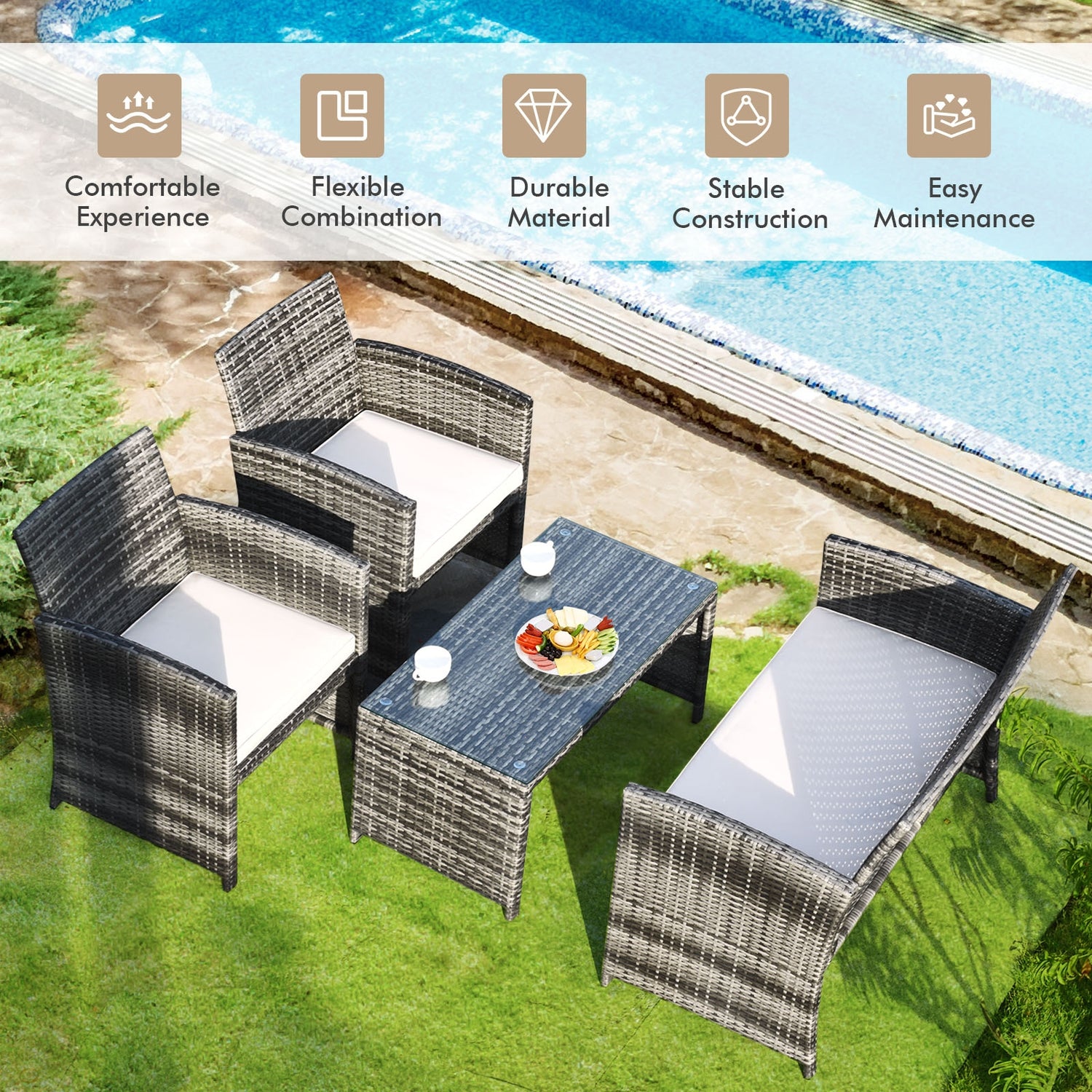 4 Pcs Patio Rattan Furniture Set Top Sofa With Glass Table