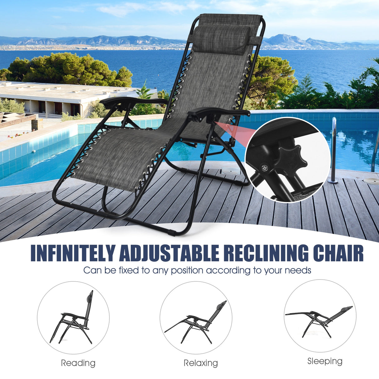 3 Pieces Folding Portable Zero Gravity Reclining Lounge Chairs Table Set