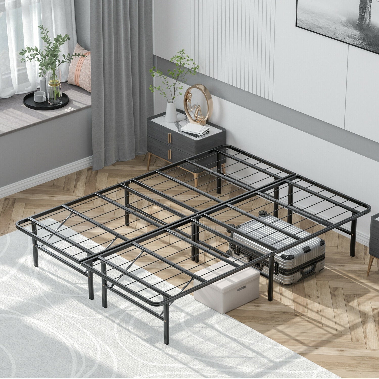 Twin/Full/Queen Size Foldable Metal Platform Bed with Tool-Free Assembly