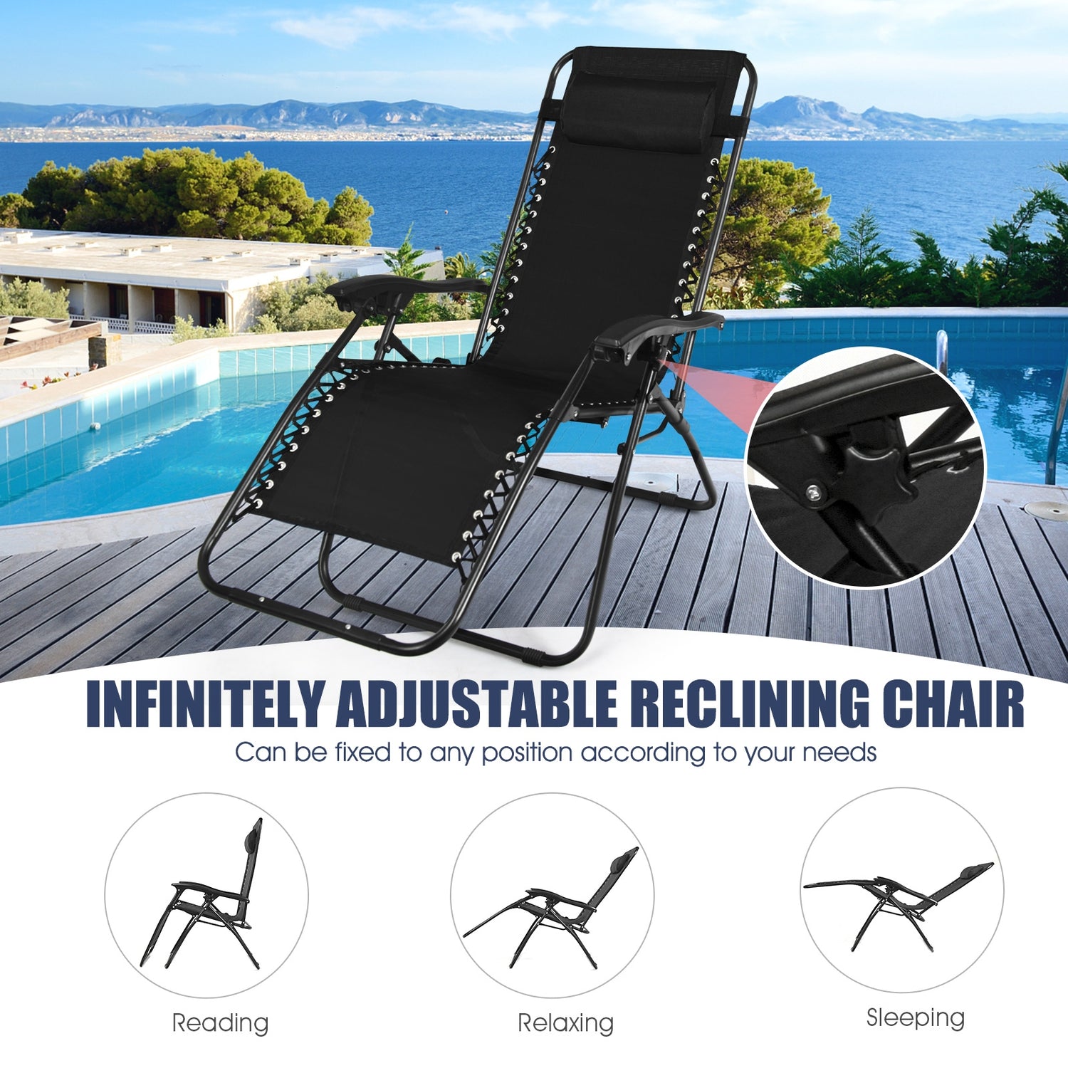 3 Pieces Folding Portable Zero Gravity Reclining Lounge Chairs Table Set