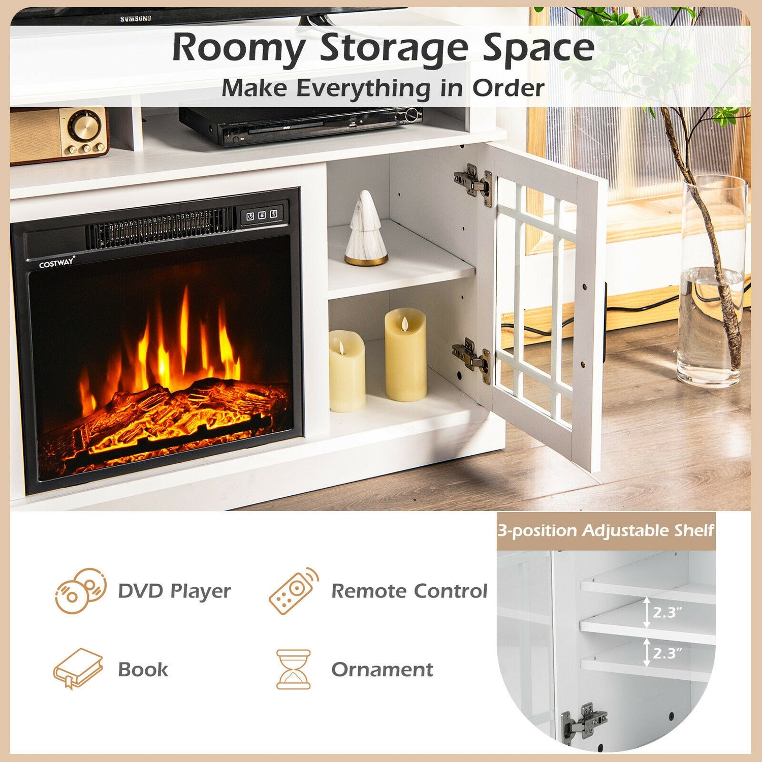 48 Inch Electric Fireplace TV Stand with Cabinets for TVs Up to 55 Inch
