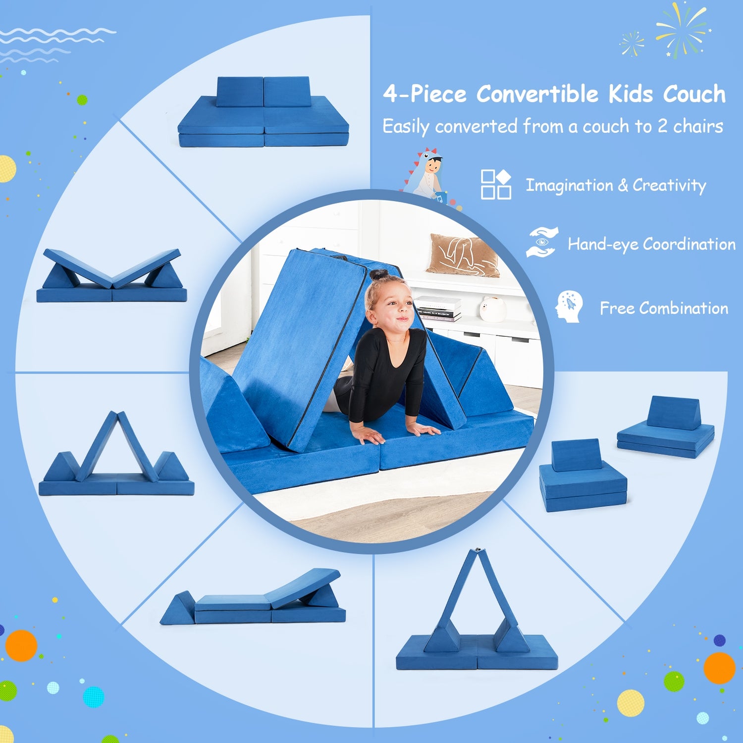4-Piece Convertible Kids Couch Set with 2 Folding Mats