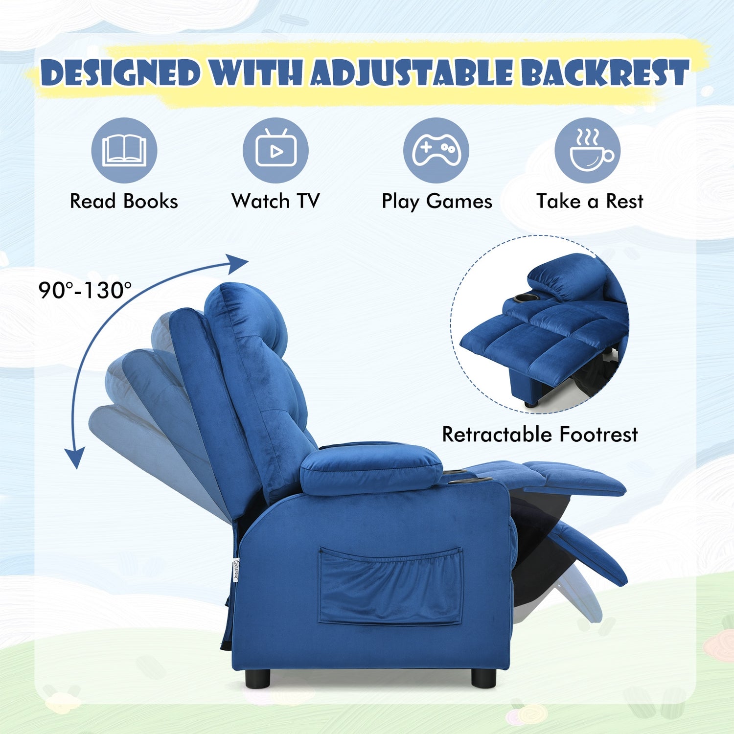 Kids Recliner Chair with Cup Holder and Footrest for Children
