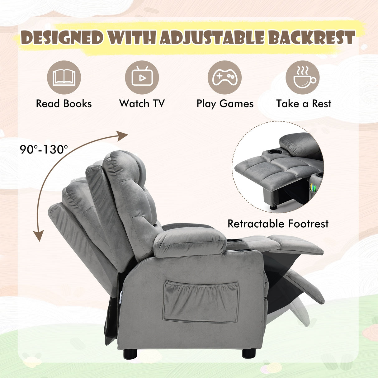 Kids Recliner Chair with Cup Holder and Footrest for Children