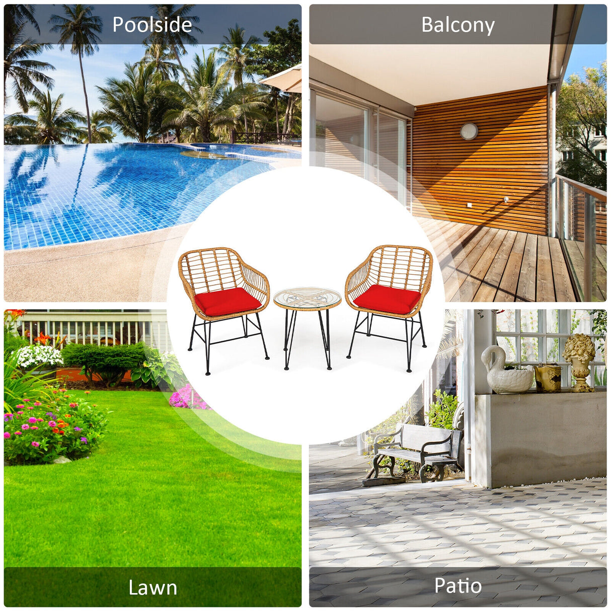 3 Pieces Rattan Furniture Set with Cushioned Chair Table