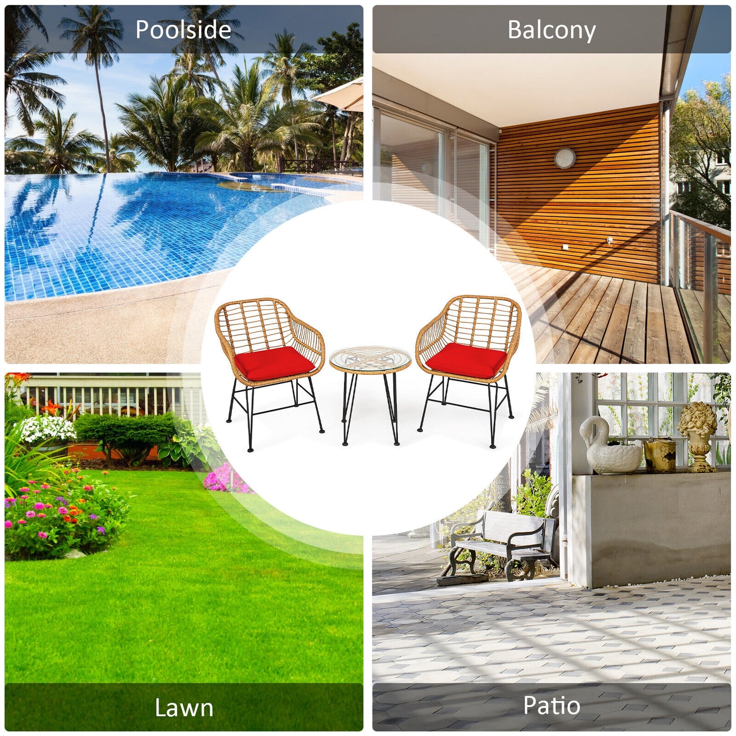 3 Pieces Rattan Furniture Set with Cushioned Chair Table