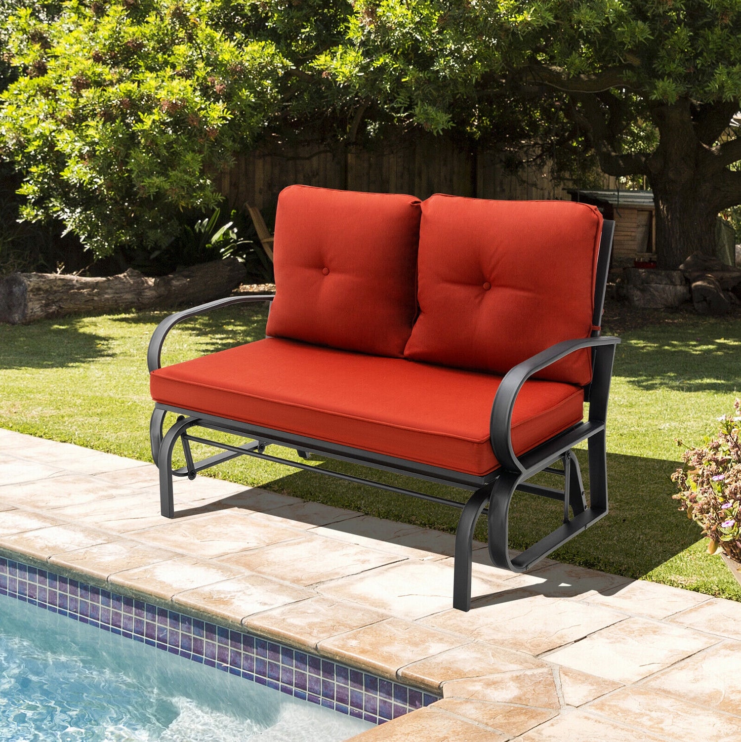 Patio 2-Person Glider Bench Rocking Loveseat with Cushioned Armrest-Red