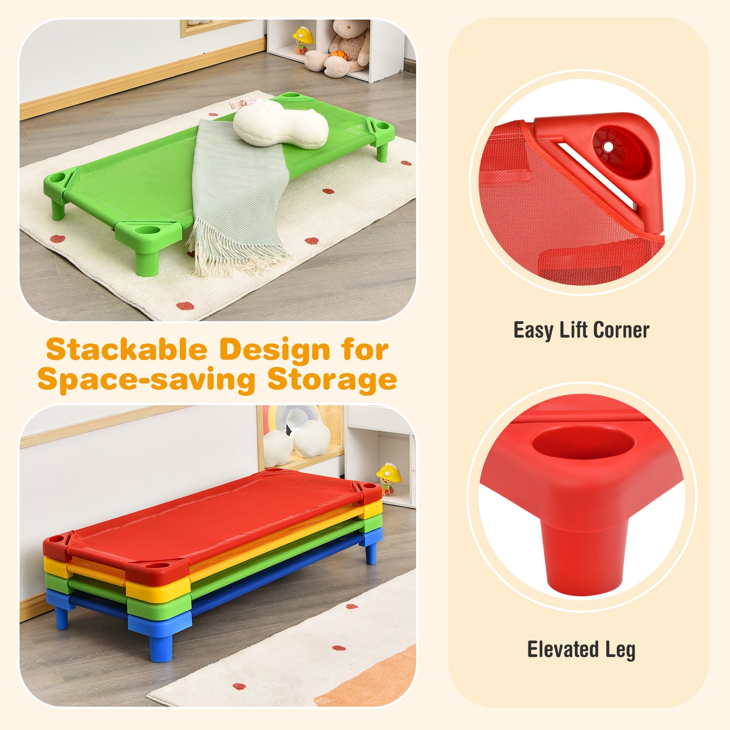 Pack of 4 Colorful Kids Stackable Naptime Cot