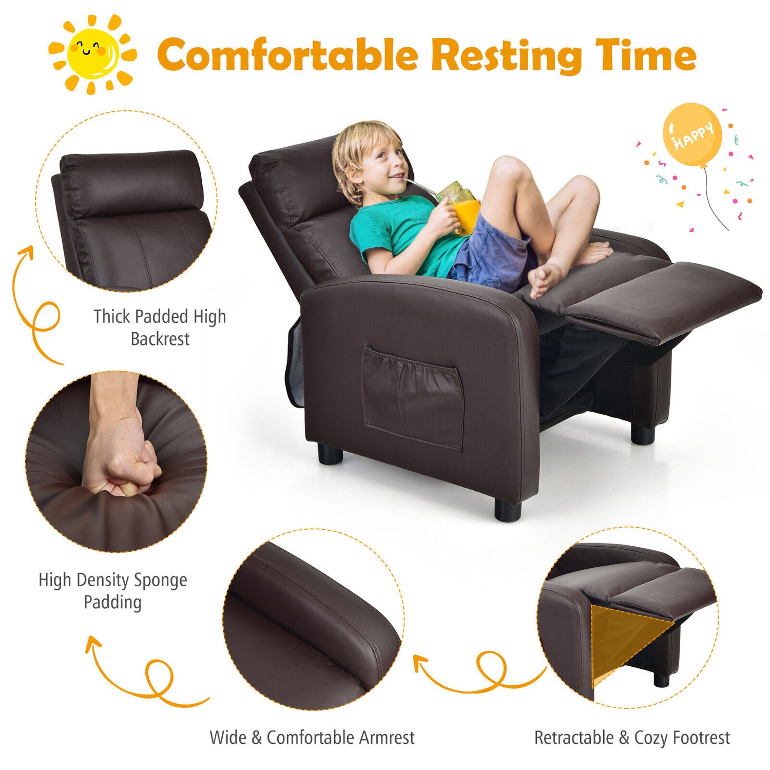 Ergonomic PU Leather Kids Recliner Lounge Sofa for 3-12 Age Group