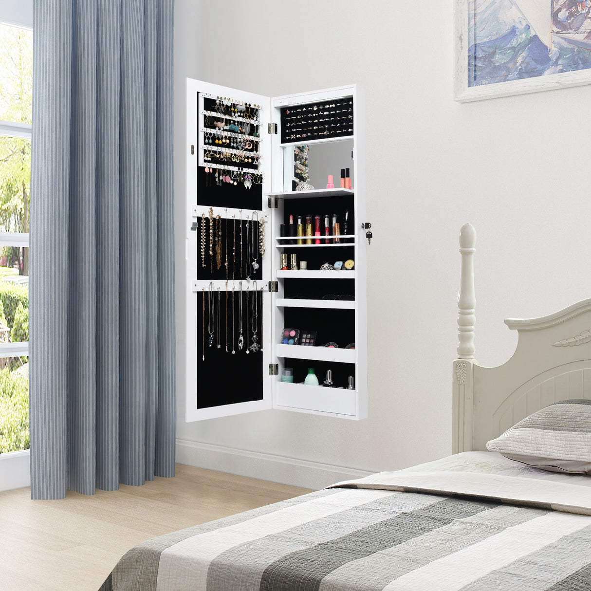 Lockable Wall Door Mounted Mirror Jewelry Cabinet w/LED Lights
