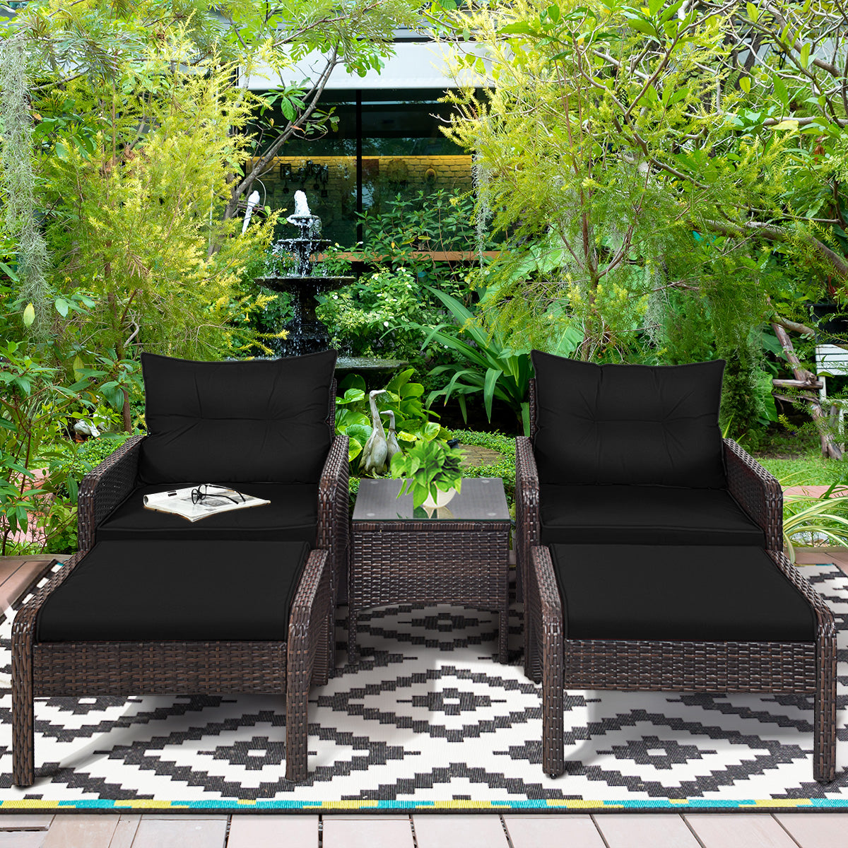 5 Pieces Patio Rattan Sofa Ottoman Furniture Set with Cushions