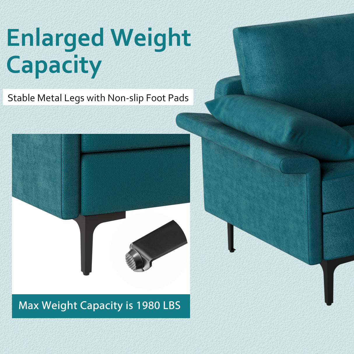 Large 3-Seat Sofa Sectional with Metal Legs and 2 USB Ports for 3-4 people