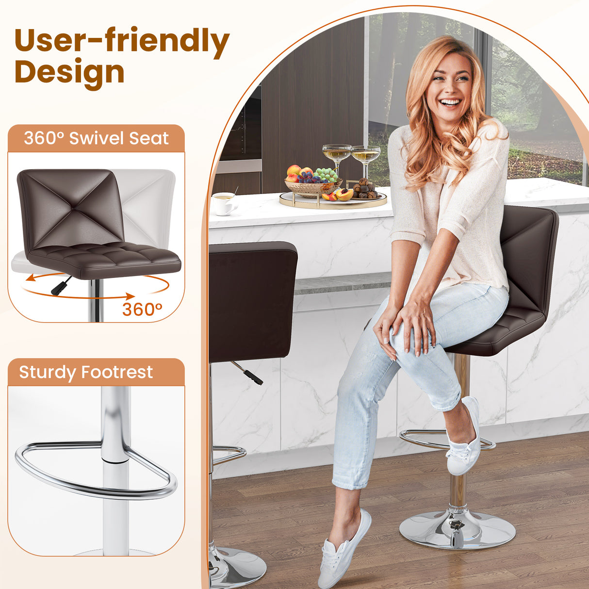 PU Leather Upholstered Bar Stools Set of 2 with Back and Adjustable Height