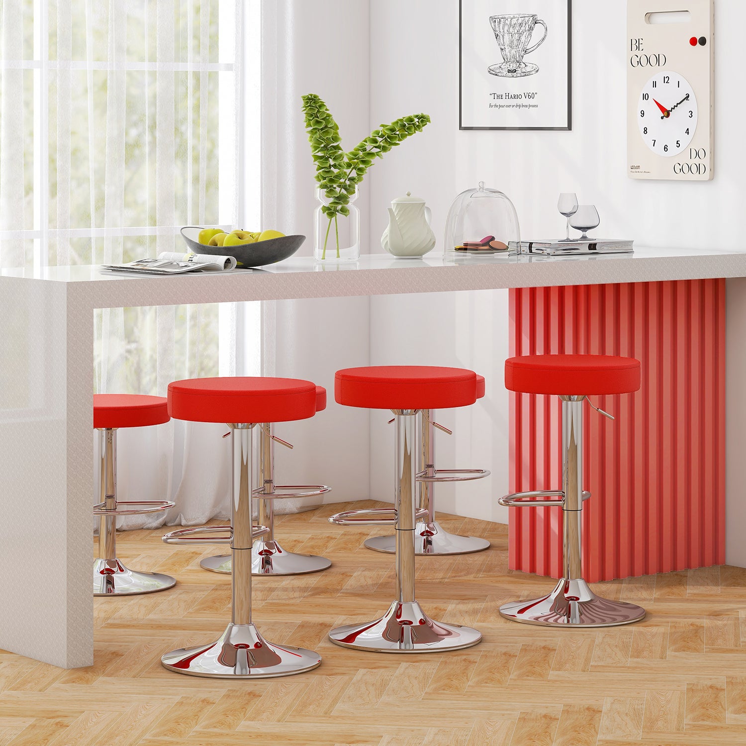 Set of 2 Adjustable Round PU Leather Swivel Barstool with Chrome Footrest
