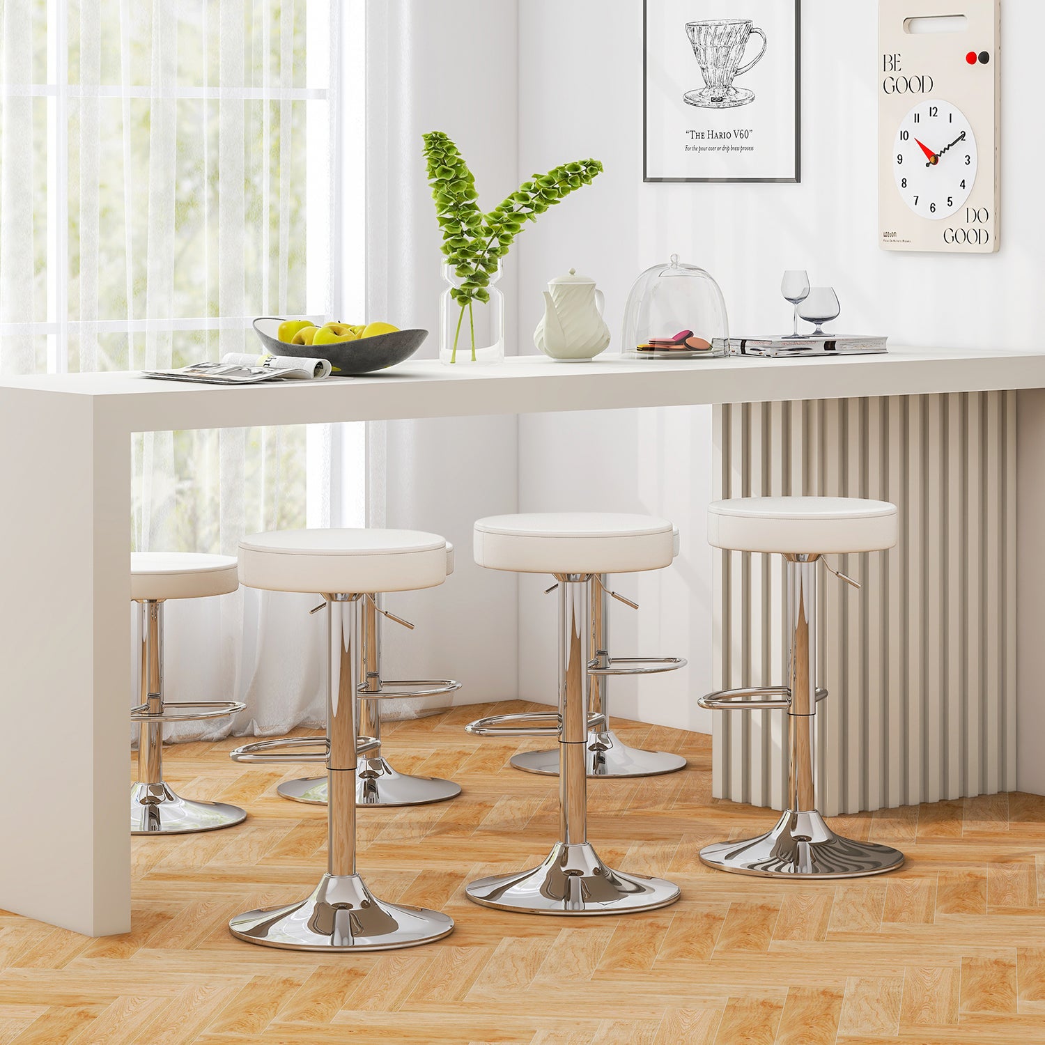 Set of 2 Adjustable Round PU Leather Swivel Barstool with Chrome Footrest