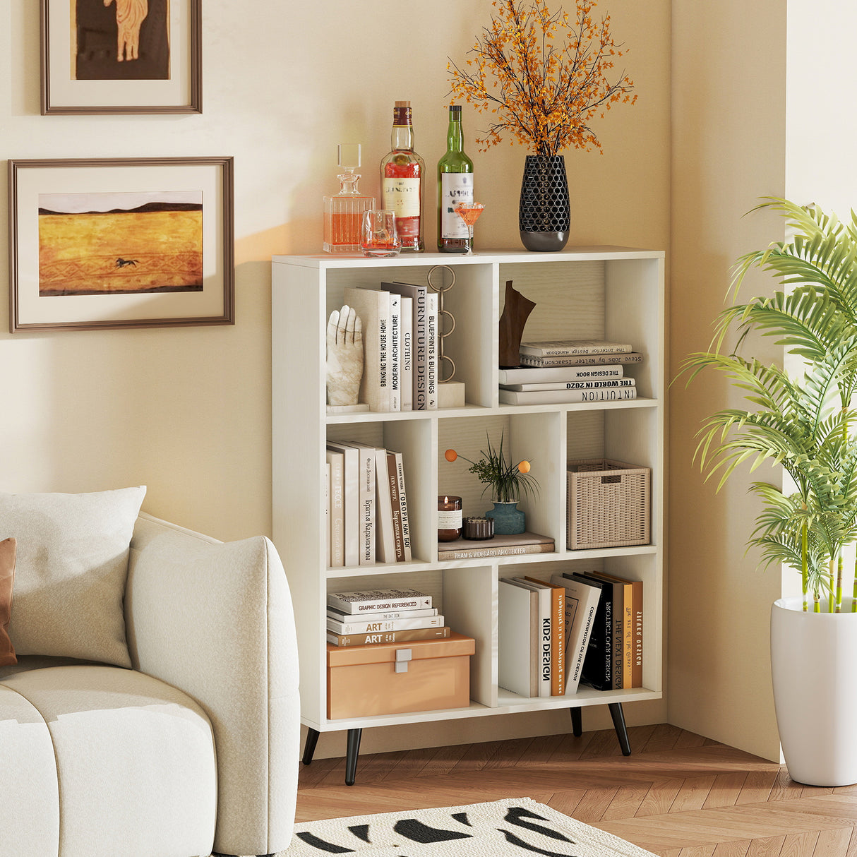8-Cube Bookcase with 5 Tapered Metal Legs