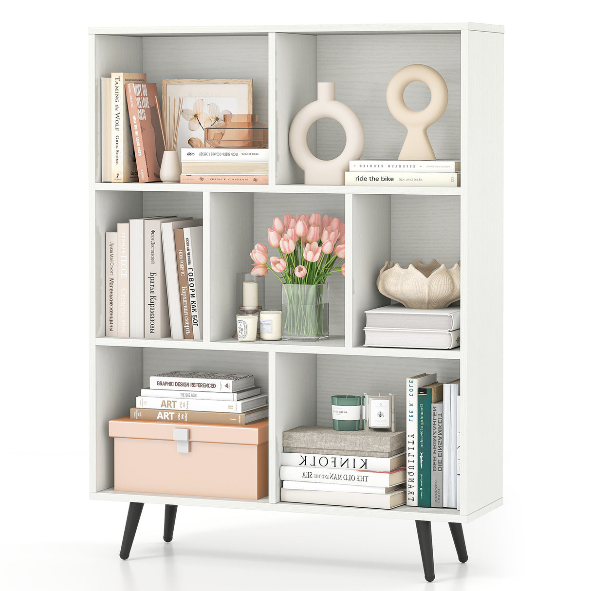 8-Cube Bookcase with 5 Tapered Metal Legs