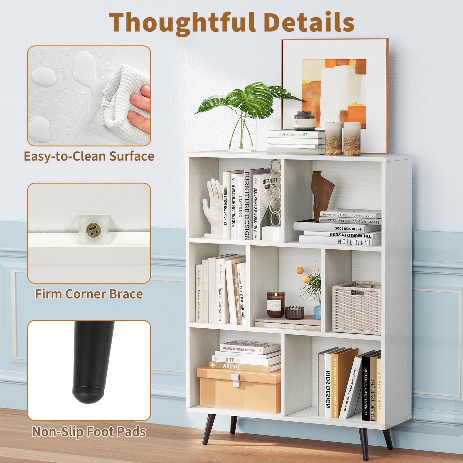 8-Cube Bookcase with 5 Tapered Metal Legs