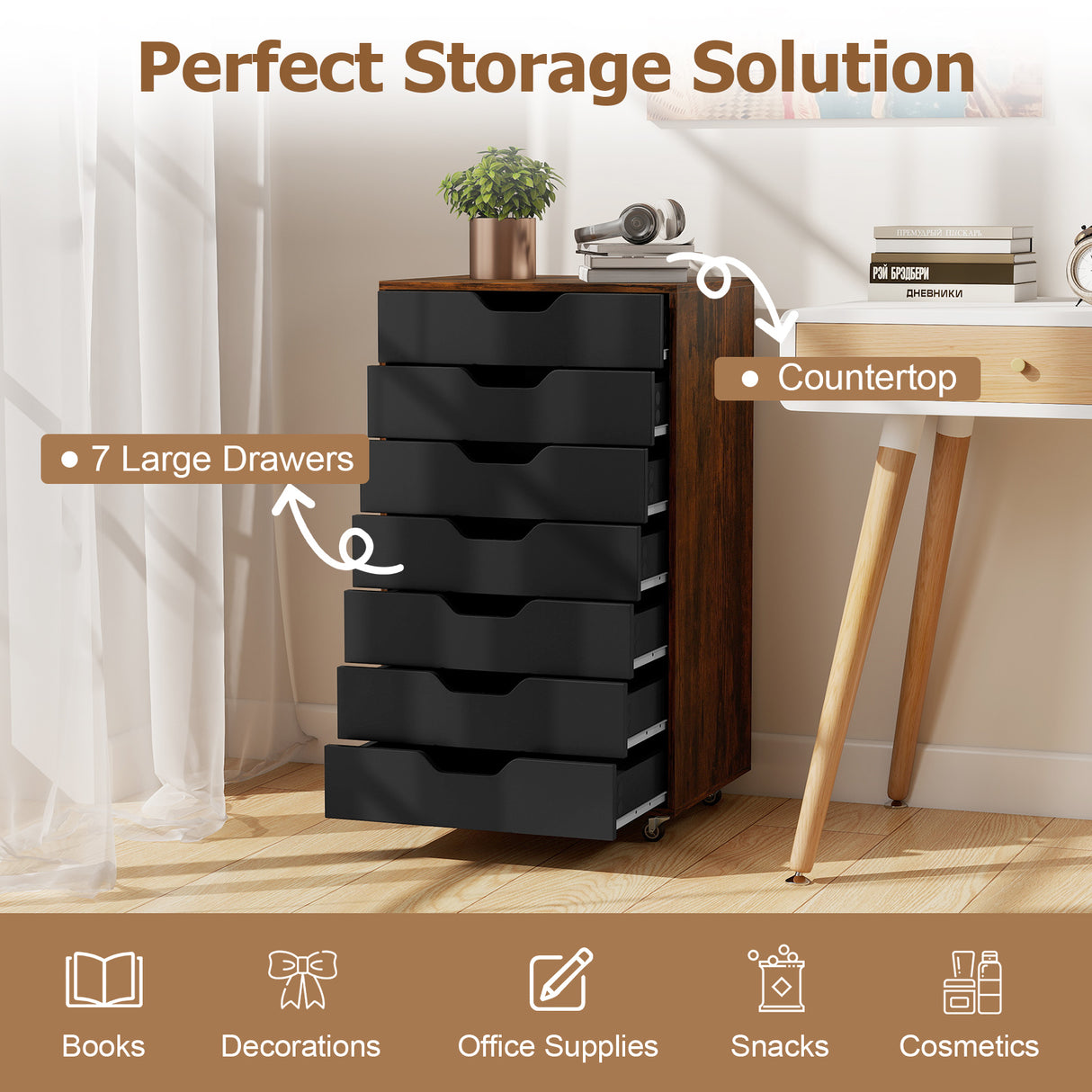 7-Drawer Chest Storage Dresser Floor Cabinet Organizer with Wheels