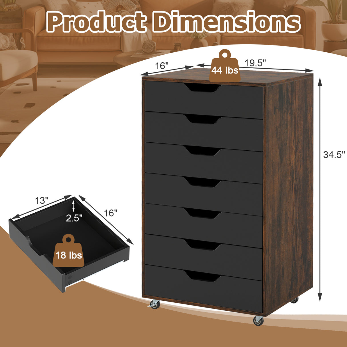 7-Drawer Chest Storage Dresser Floor Cabinet Organizer with Wheels