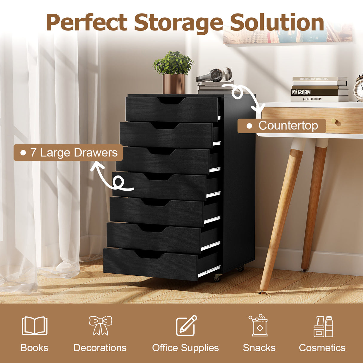 7-Drawer Chest Storage Dresser Floor Cabinet Organizer with Wheels