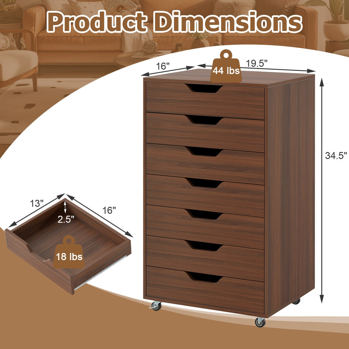 7-Drawer Chest Storage Dresser Floor Cabinet Organizer with Wheels