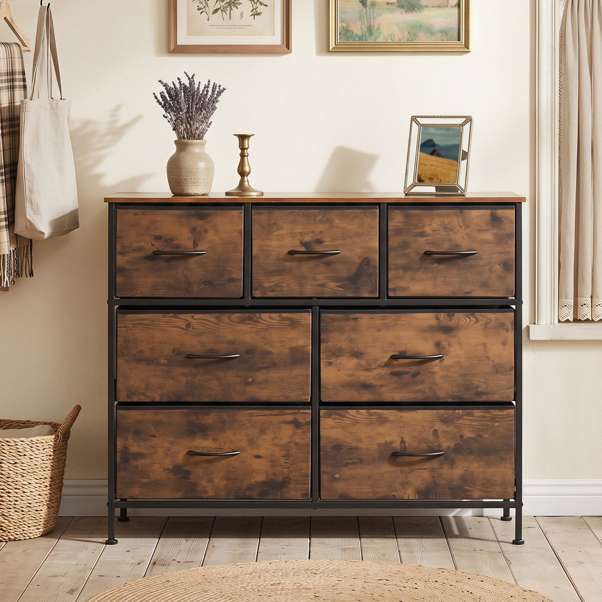 7-Drawer Wide Dresser with 2-Sized Folding Fabric Drawers for Bedroom