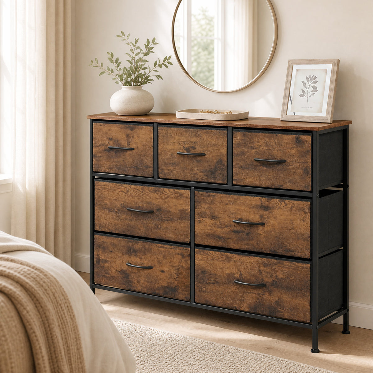 7-Drawer Wide Dresser with 2-Sized Folding Fabric Drawers for Bedroom