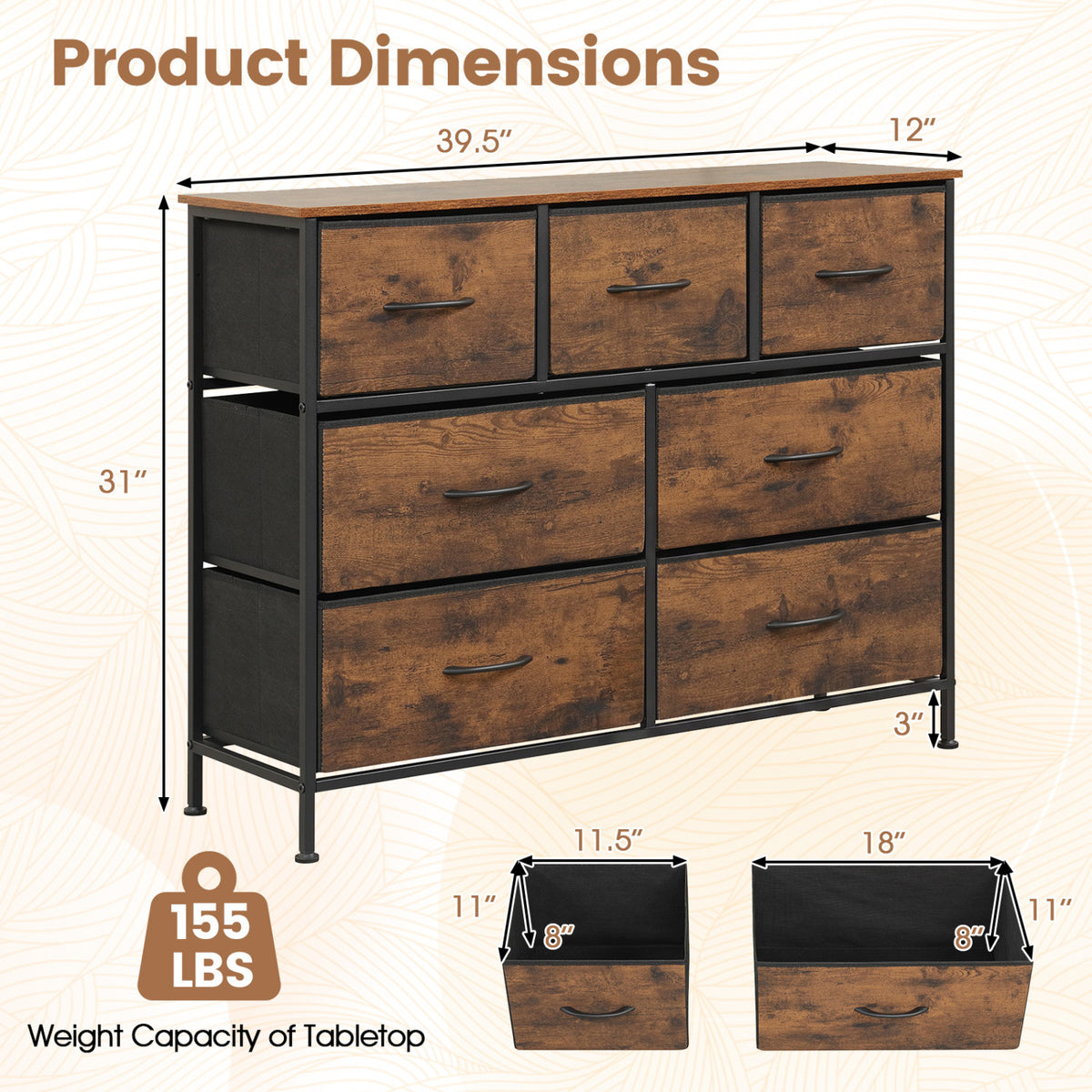 7-Drawer Wide Dresser with 2-Sized Folding Fabric Drawers for Bedroom