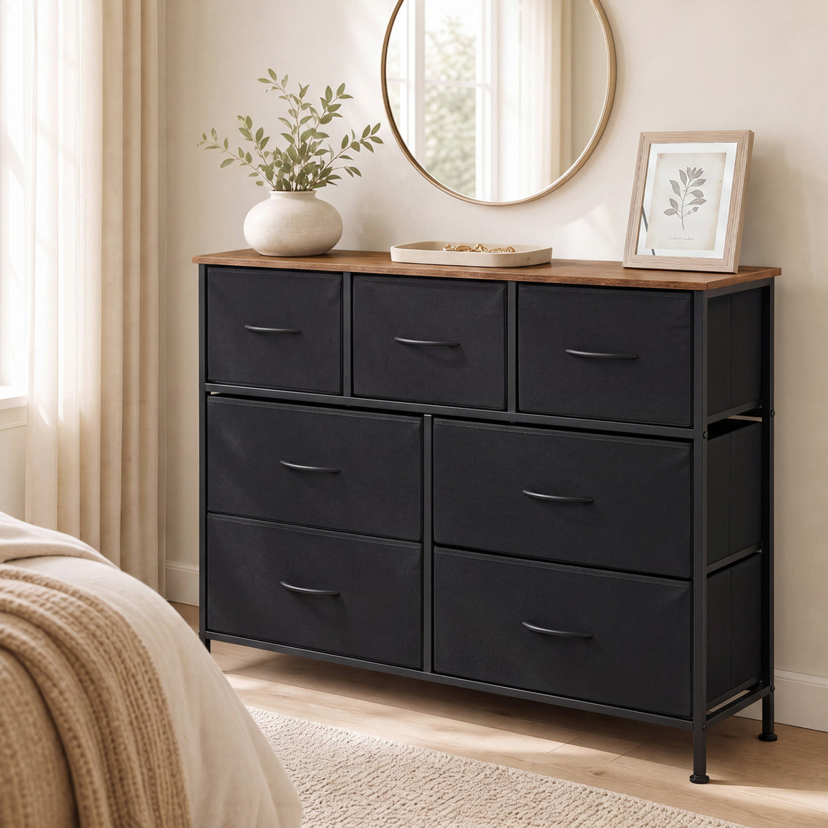 7-Drawer Wide Dresser with 2-Sized Folding Fabric Drawers for Bedroom