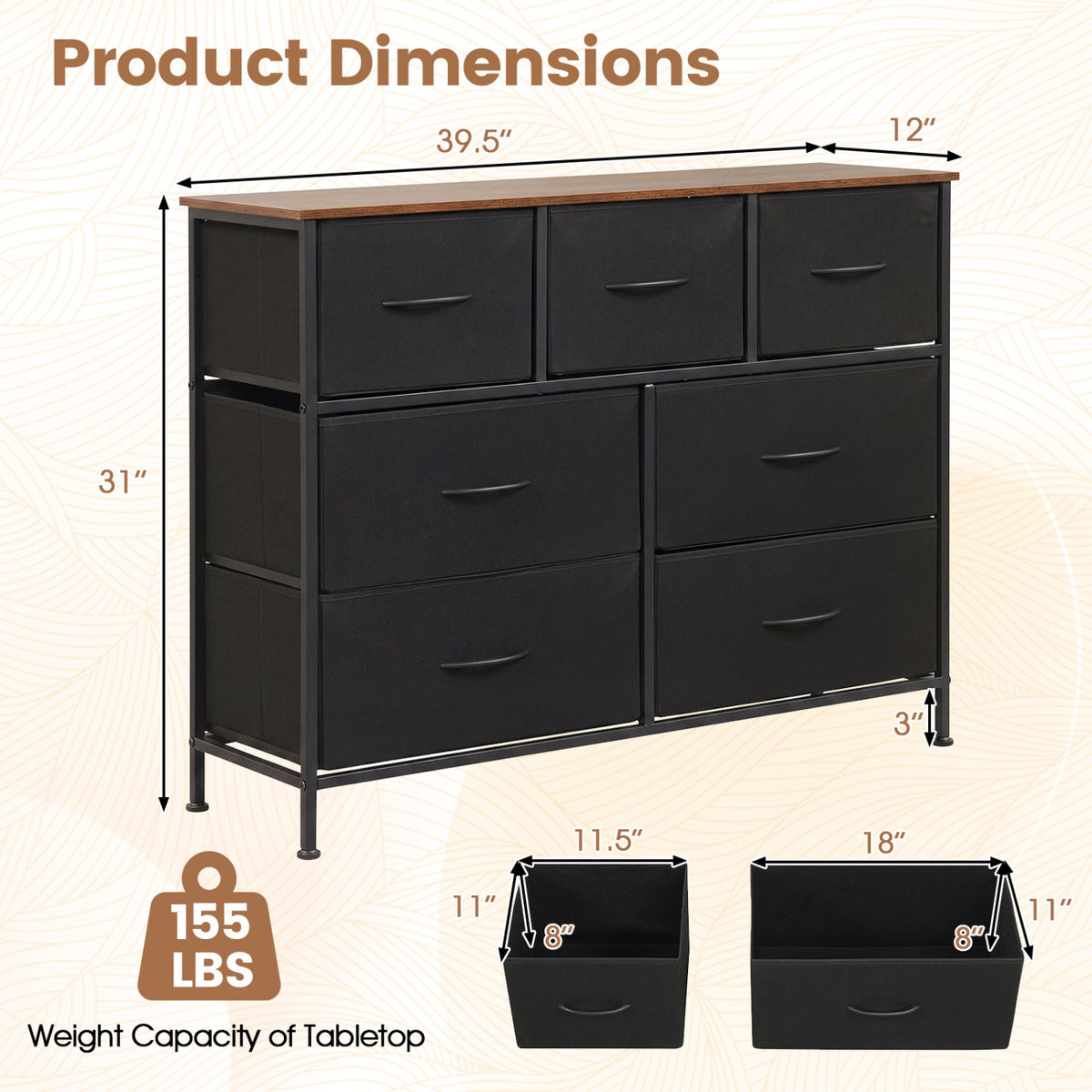 7-Drawer Wide Dresser with 2-Sized Folding Fabric Drawers for Bedroom