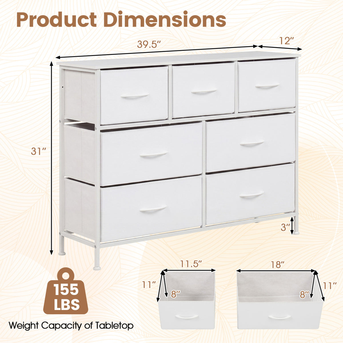 7-Drawer Wide Dresser with 2-Sized Folding Fabric Drawers for Bedroom