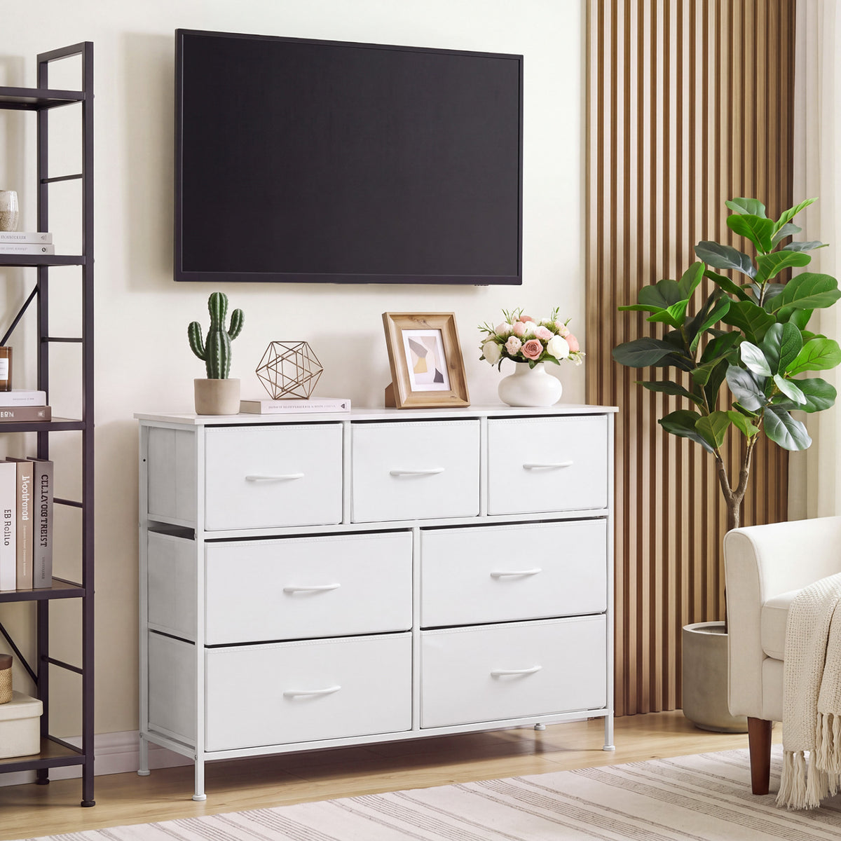 7-Drawer Wide Dresser with 2-Sized Folding Fabric Drawers for Bedroom