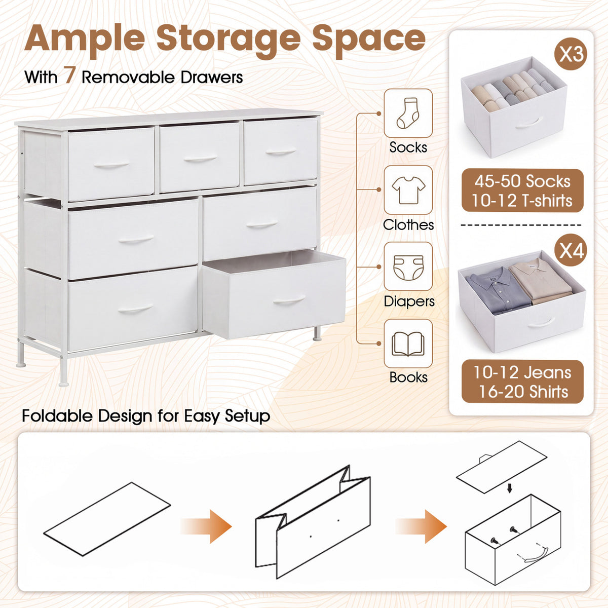 7-Drawer Wide Dresser with 2-Sized Folding Fabric Drawers for Bedroom