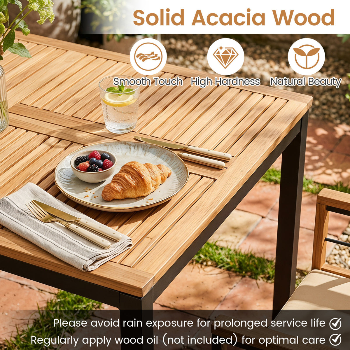 7-Piece Outdoor Dining Set with Acacia Wood Table & Chairs and Umbrella Hole-Natural & Black