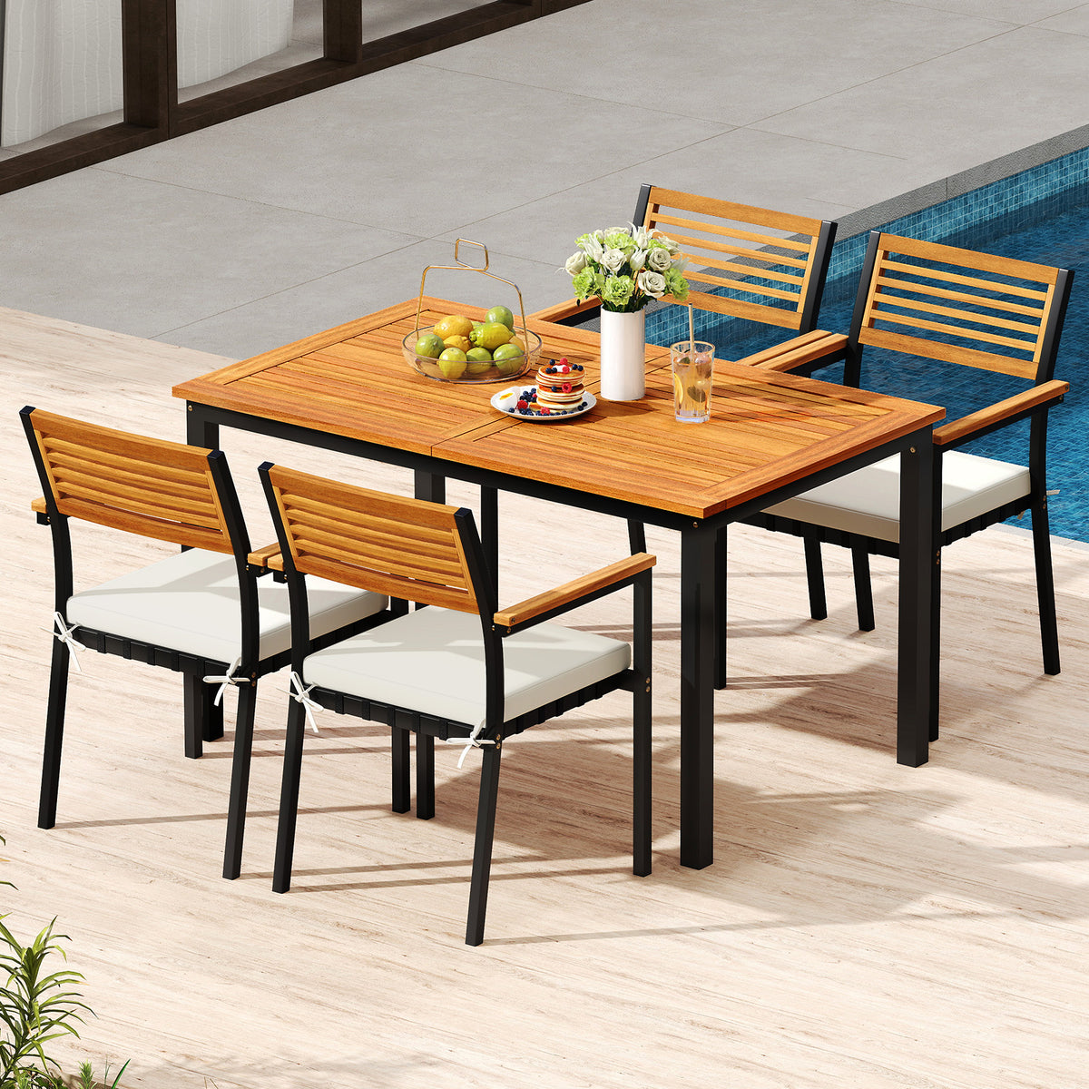 7-Piece Patio Dining Set Wood Metal with Seat Cushions and Umbrella Hole-White