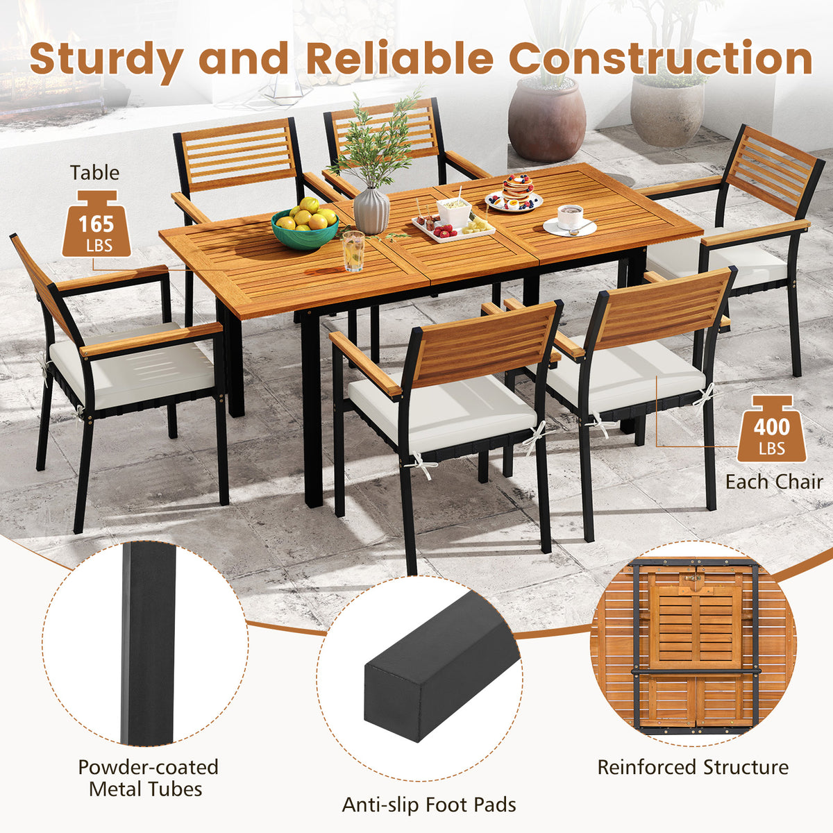 7-Piece Patio Dining Set Wood Metal with Seat Cushions and Umbrella Hole-White