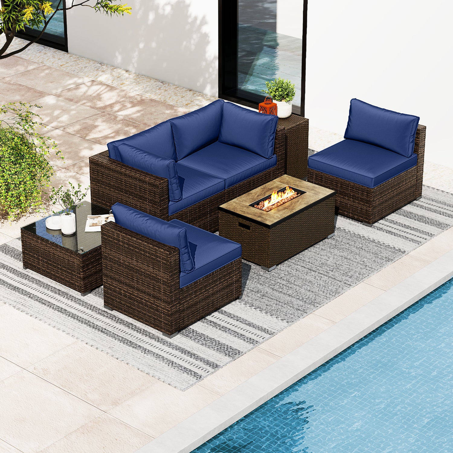 7 Pieces Outdoor Furniture Set with 32 Inch Fire Pit Table and Propane Tank Cover