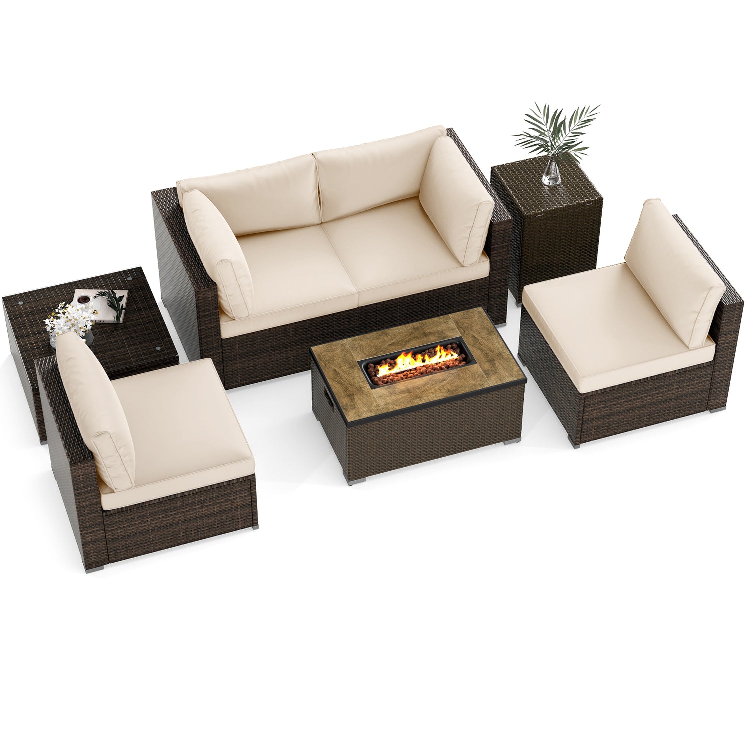 7 Pieces Outdoor Furniture Set with 32 Inch Fire Pit Table and Propane Tank Cover