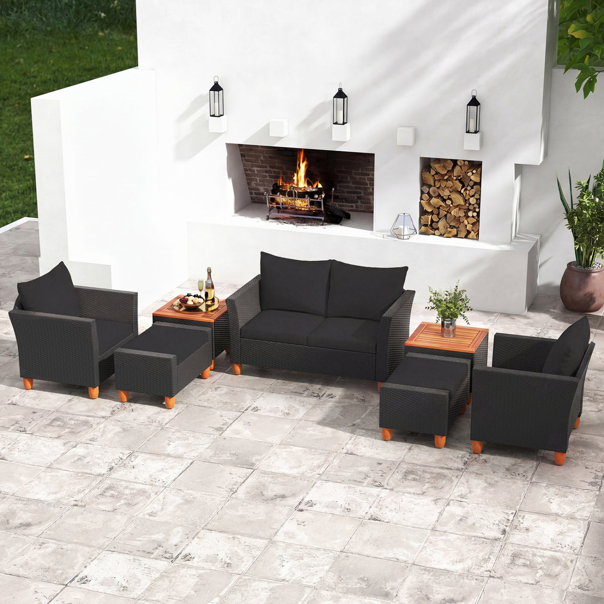 7 Pieces Patio Furniture PE Rattan Sectional Sofa Set with Armchairs and Table