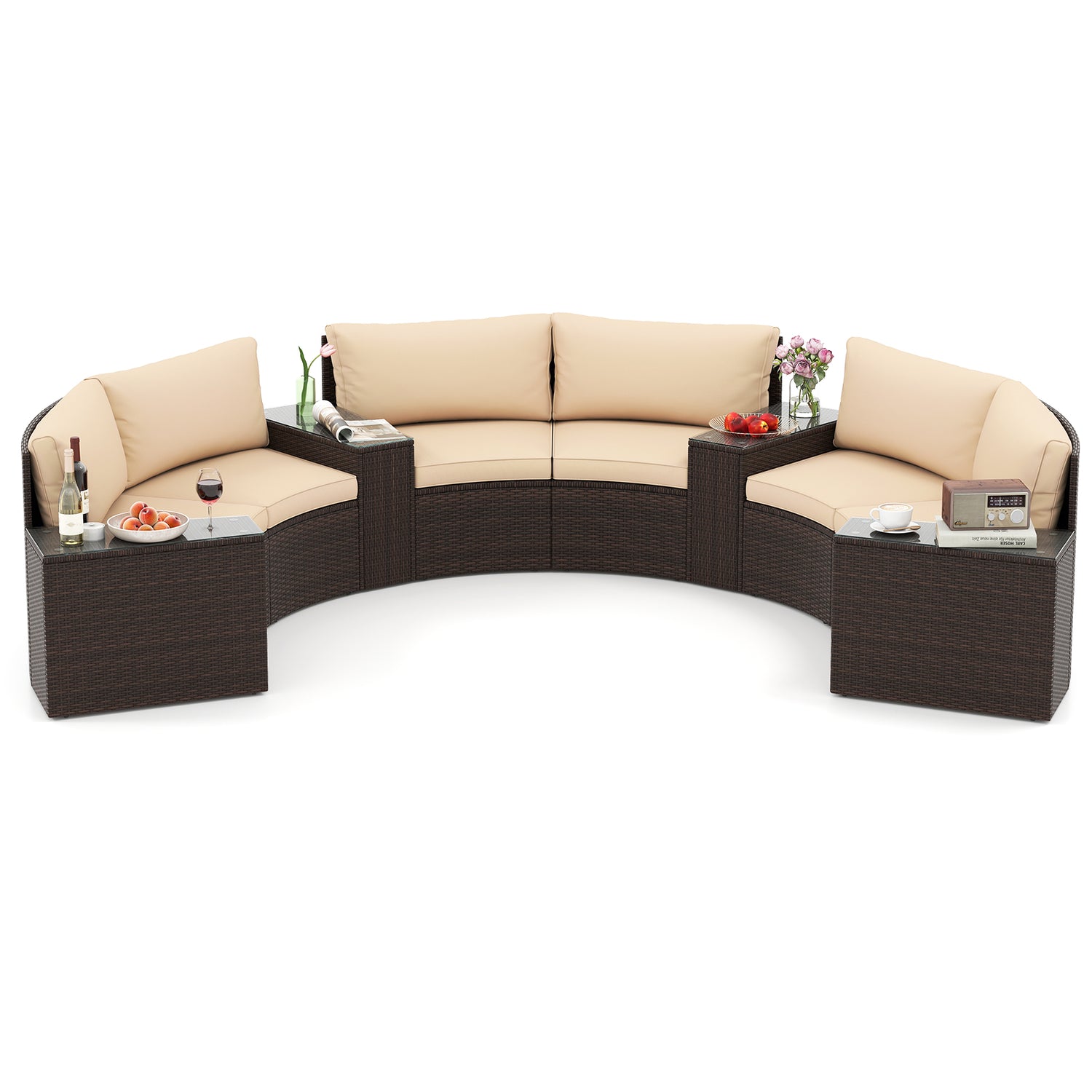 7 Pieces Patio Furniture Set PE Rattan Half-Moon Curved Sofas with Side Tables-Brown