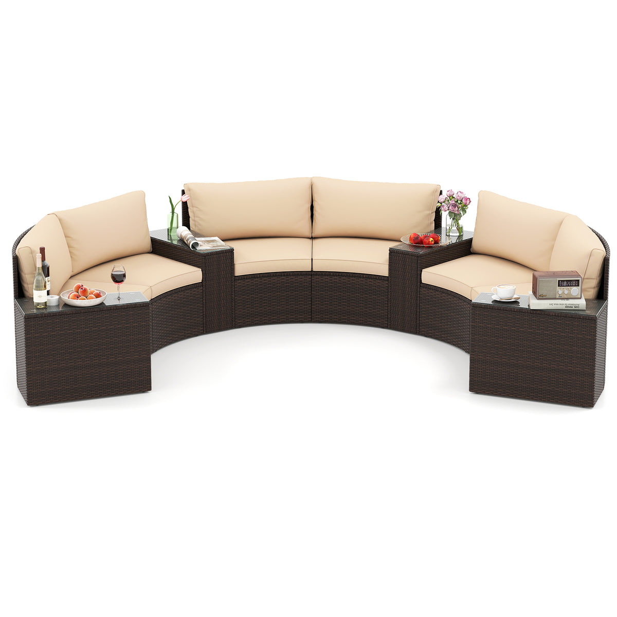 7 Pieces Patio Furniture Set PE Rattan Half-Moon Curved Sofas with Side Tables-Brown