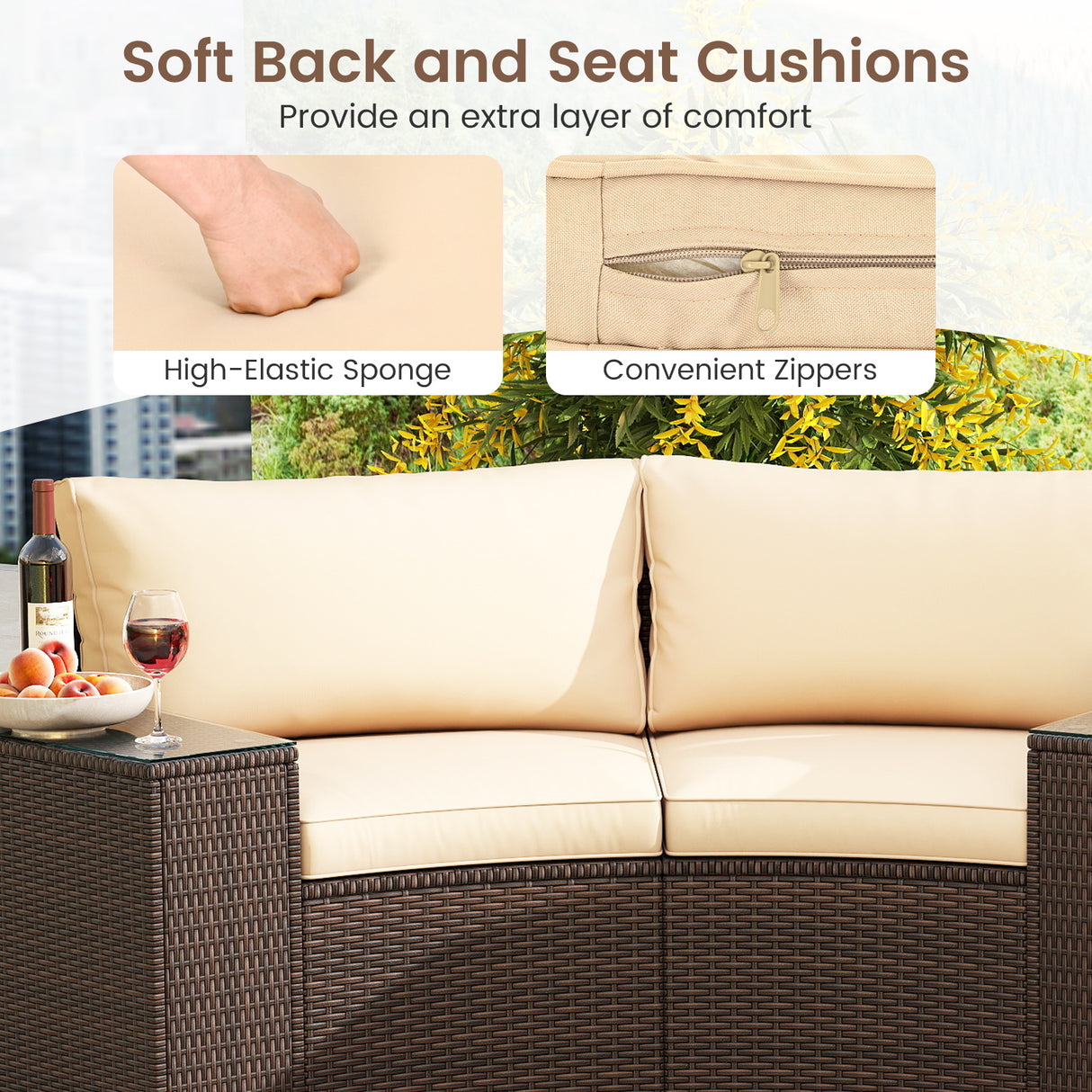 7 Pieces Patio Furniture Set PE Rattan Half-Moon Curved Sofas with Side Tables-Brown