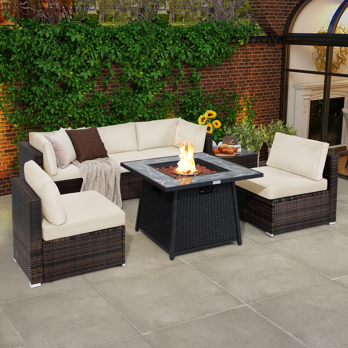 7 Pieces Patio Furniture Set with 35 Inches 50000 BTU Propane Gas Fire Pit Table and Waterproof Cover for Firpit