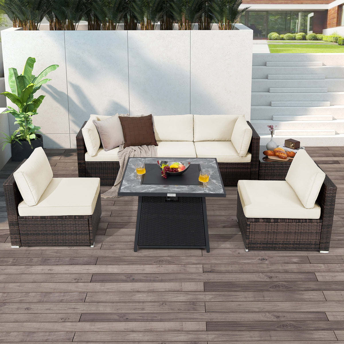 7 Pieces Patio Furniture Set with 35 Inches 50000 BTU Propane Gas Fire Pit Table and Waterproof Cover for Firpit