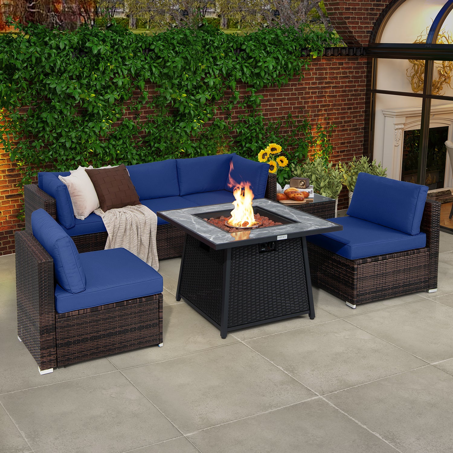 7 Pieces Patio Furniture Set with 35 Inches 50000 BTU Propane Gas Fire Pit Table and Waterproof Cover for Firpit
