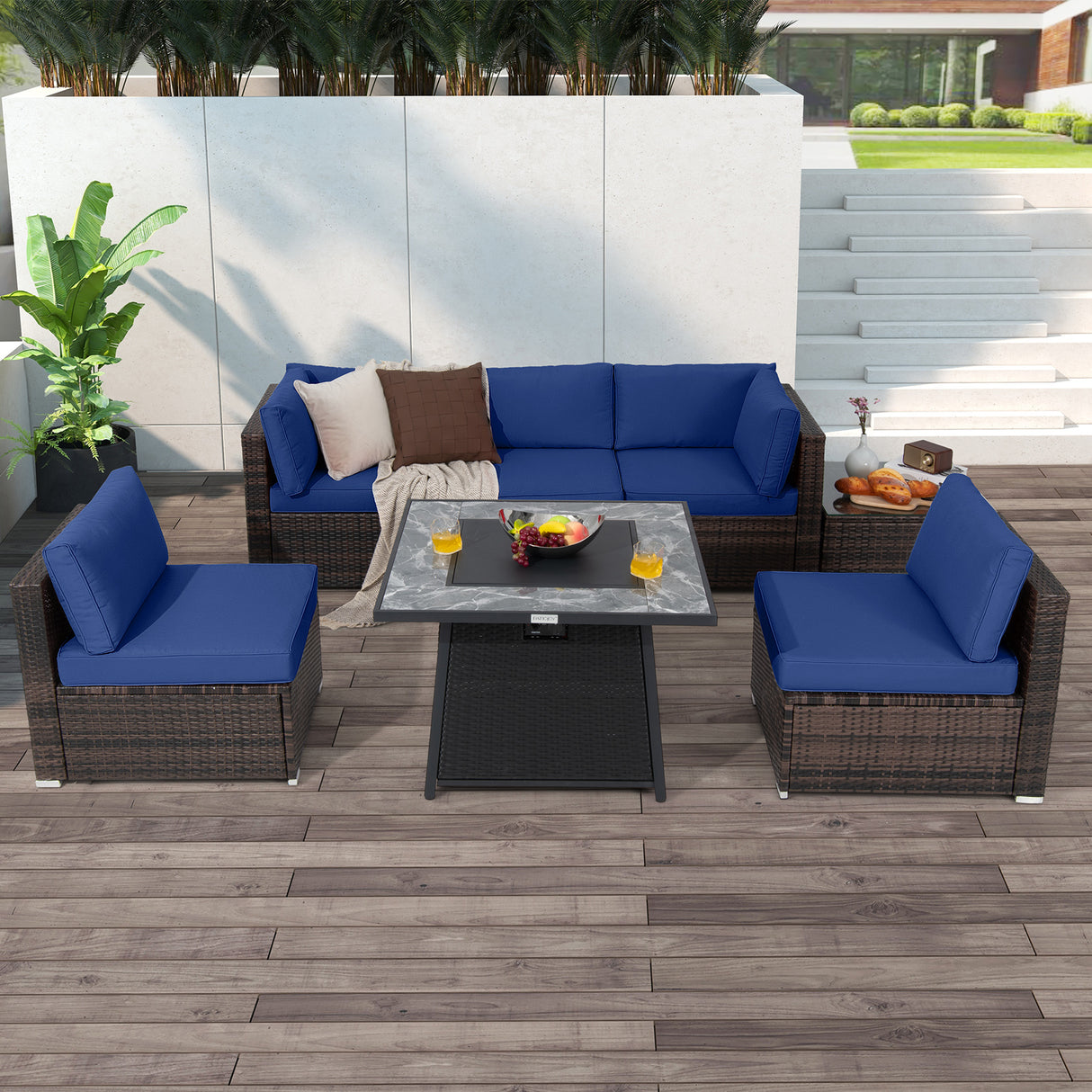 7 Pieces Patio Furniture Set with 35 Inches 50000 BTU Propane Gas Fire Pit Table and Waterproof Cover for Firpit
