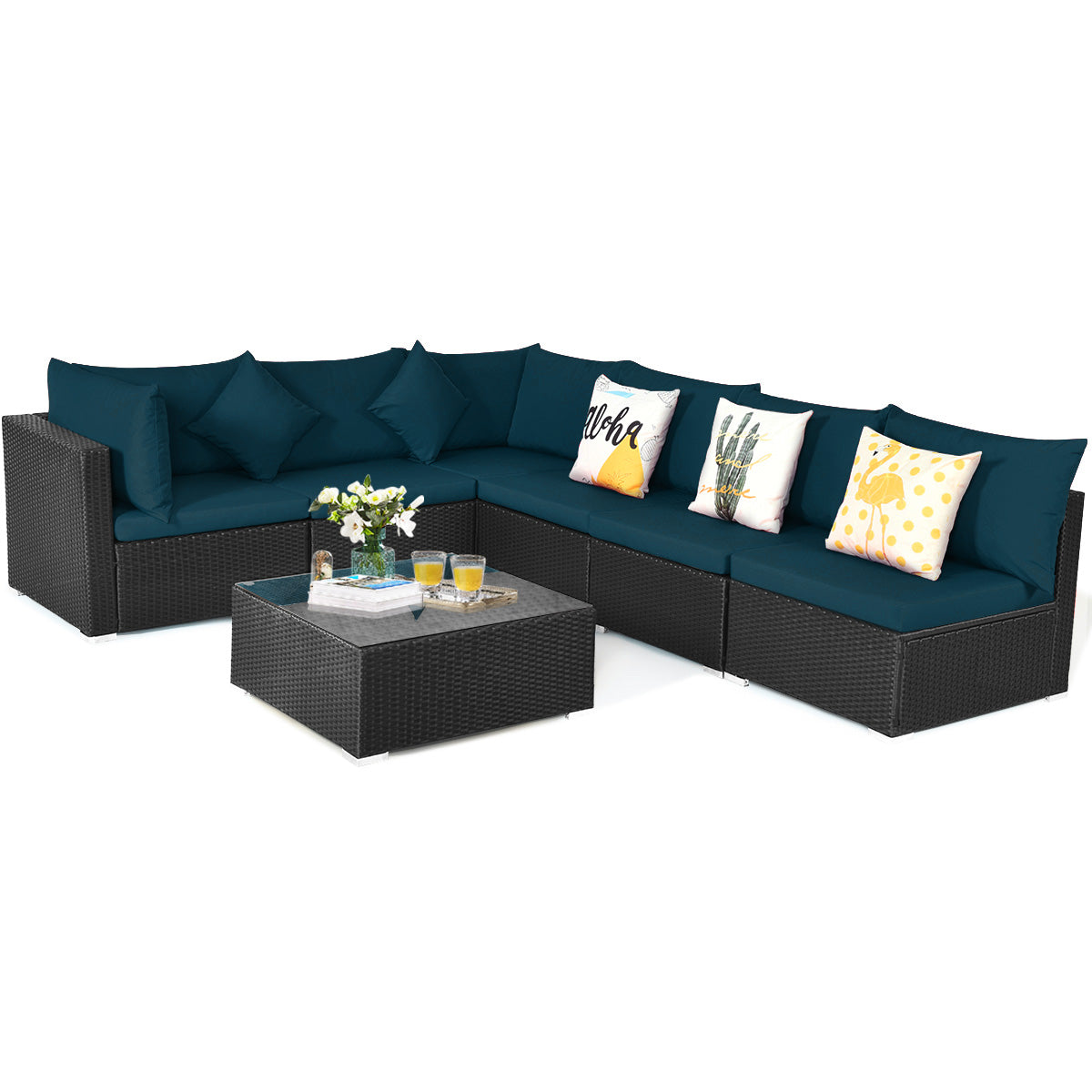 7-Piece Outdoor Sectional Wicker Patio Sofa Set with Tempered Glass Top