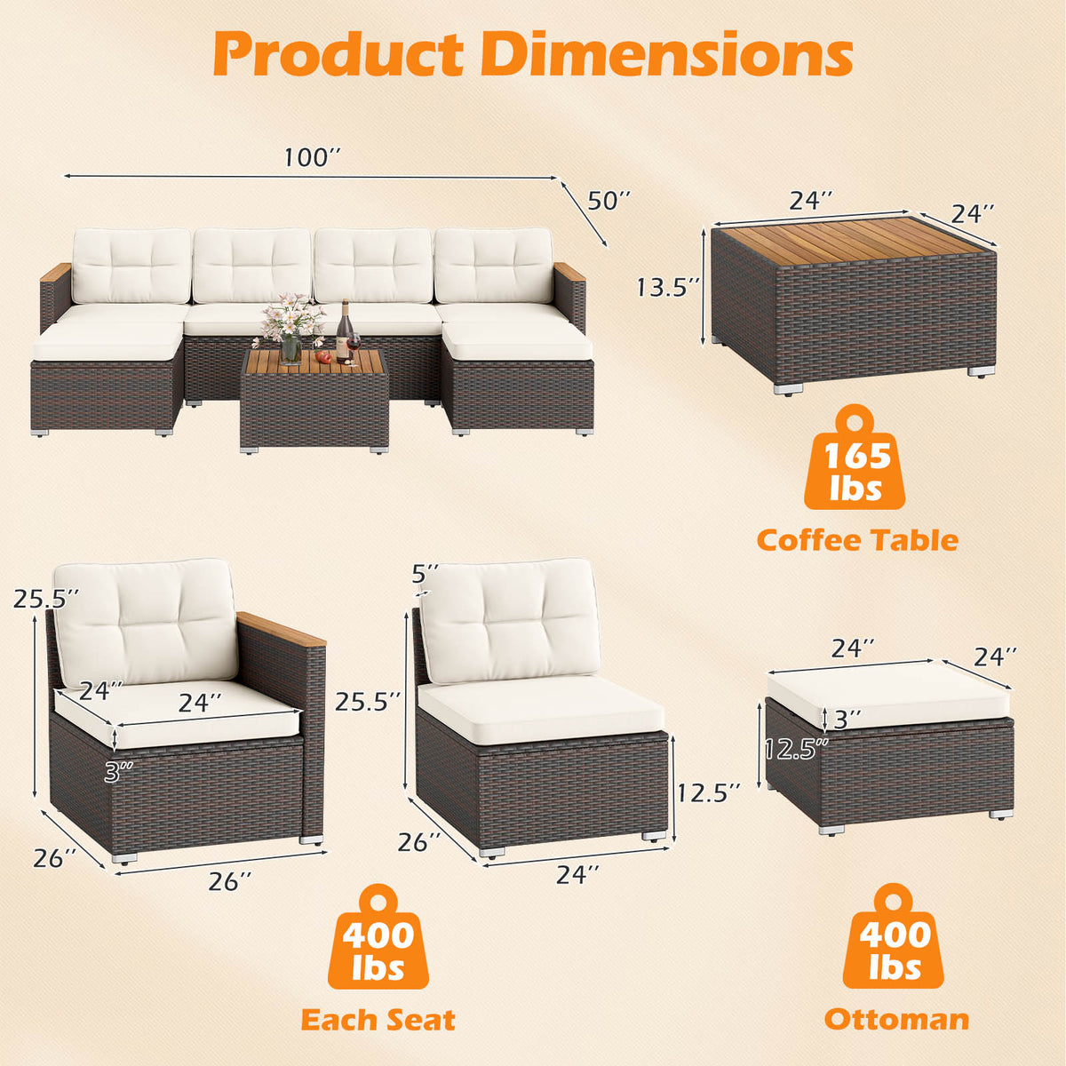 7 Pieces Wicker Conversation Set with Wood Armrests for Backyard-White