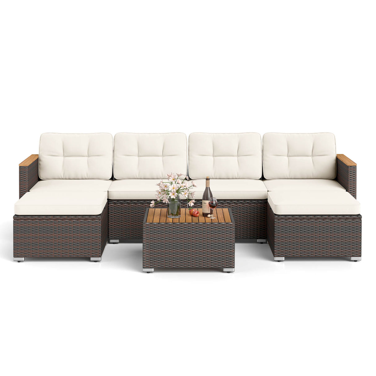 7 Pieces Wicker Conversation Set with Wood Armrests for Backyard-White